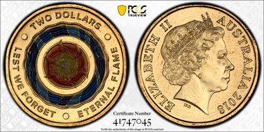 2018 $2 Lest We Forget Eternal Flame Colorized MS68