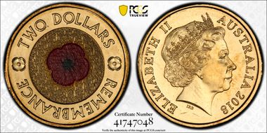 2018 $2 Remembrance Day Red Poppy 30th Ann. $2 Coin Colorized MS67