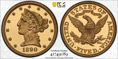 1890 $5 PR66DCAM