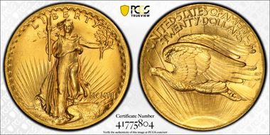 1907 $20 High Relief, Flat Edge MS66