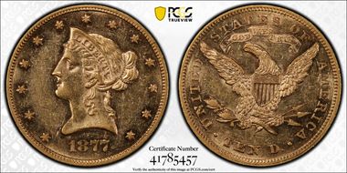 1877 $10 AU58+