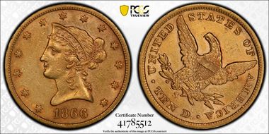 1866-S $10 No Motto AU53