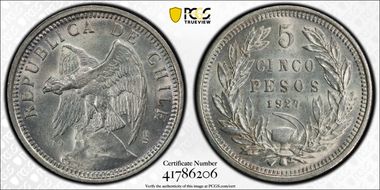 1927-So 5 Peso Wide 5 - 0.9 KM-173.1  Ag MS62