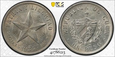 1934 Peso KM-15.2  Ag AU58