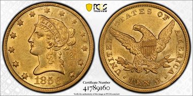 1856 $10 AU58+