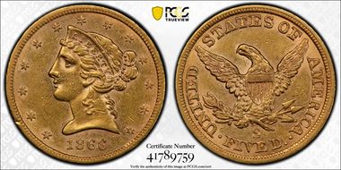 1866-S $5 No Motto AU55