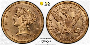 1867 $5 MS64