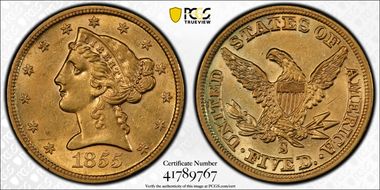1855-S $5 AU58+ 