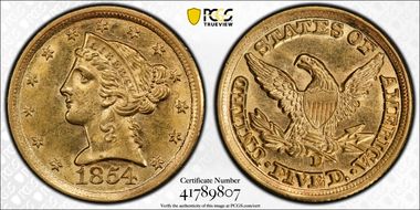 1854-D $5 Large D MS62