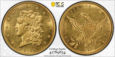 1834 $5 Classic Head, Crosslet 4 MS62+