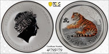 2010-P $8 Year of the Tiger 5oz Ag Colorized MS69