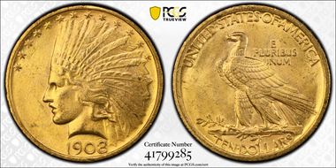 1908 $10 No Motto MS63+