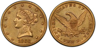 1866-S $10 No Motto AU50