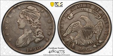 1836 50C O-120 Bar Dot, Lettered Edge VF30