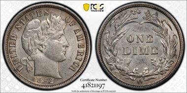 1892-O 10C AU58