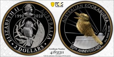 2020-P $2 Kookaburra 30th Anniversary High Relief Partial Gilt PR70DCAM