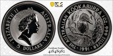1991 $5 Kookaburra KM-138  Ag MS69
