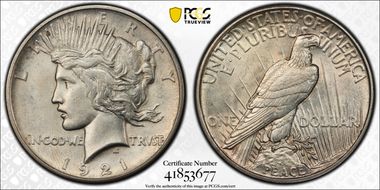 1921 $1 High Relief, Peace MS62