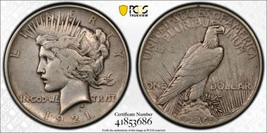 1921 $1 High Relief, Peace N1