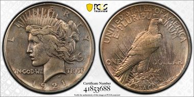 1921 $1 High Relief, Peace N1