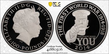 2014 £100 First World War   100th Ann. Platinum PR69DCAM
