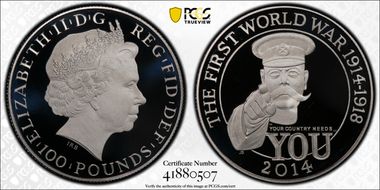 2014 £100 First World War   100th Ann. Platinum PR70DCAM