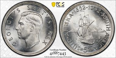 1952 5 Shil 300th Ann. of Capetown KM-41  Ag MS64