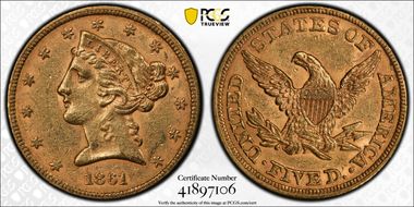 1861 $5 AU58