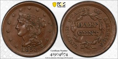 1853 1/2C MS63BN