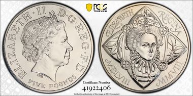 2008 £5 S-L18 Elizabeth I Cu/Ni MS68