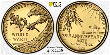 2020-W $25 End of World War II 75th Anniv.  First Strike PR69DCAM