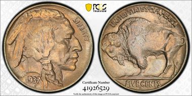 1937-D 5C 3 Legs AU58