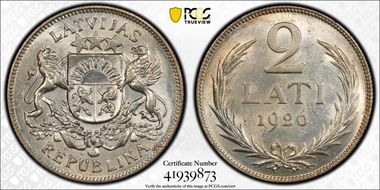 1926 2 Lat KM-8  Ag MS62