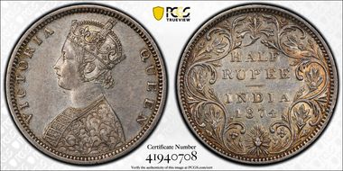 1874(B) 1/2 Rup SW-5.22 4.75 Panels AU53