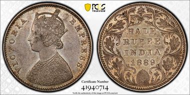 1889-B 1/2 Rup SW-6.204 Raised AU58