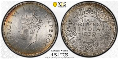 1939(C) 1/2 Rup SW-9.44 Long Trefoils MS64