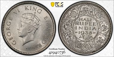 1938(B) 1/2 Rup SW-9.43 MS63