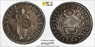 (1834-37) 8 R KM-138.2 C/M on Peru 8R VF30
