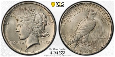 1921 $1 High Relief, Peace MS64