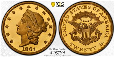 1864 $20 PR67DCAM