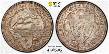 1927-A 5 Mk Bremerhaven J-326 MS65+