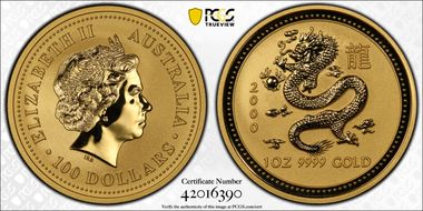 2000 $100 Year of the Dragon Au MS70