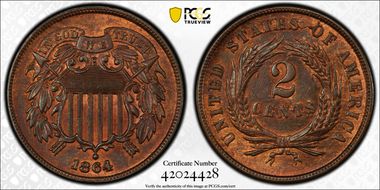 1864 2C Large Motto MS64BN