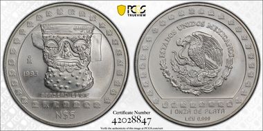1993-Mo 5 Peso Brasero Efigie T-2 Mo Above Date MS65