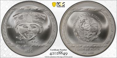 1993-Mo 5 Peso Carita Sonriente MS69