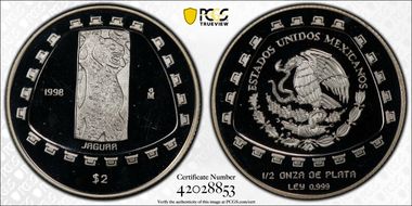 1998-Mo 2 Peso Jaguar KM-662  Ag PR67DCAM