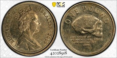 2009 £1 Neanderthal Skull AU58