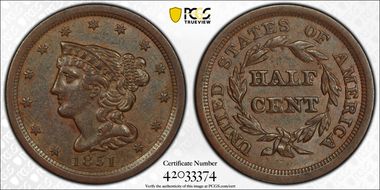 1851 1/2C AU53BN