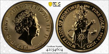 2020 £100 Queen's Beasts - Lion Au MS68