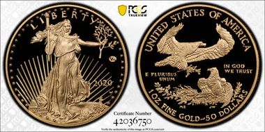 2020-W $50 Gold Eagle - v75 Privy 1 of 1945 Struck First Strike PR70DCAM